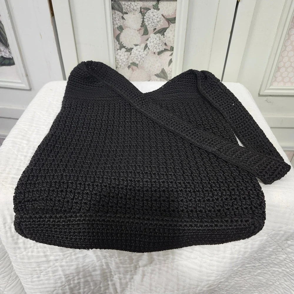 Vtg Jacqueline Ferrar Black Crochet Hobo Shoulder Bag Slouchy Knit Tote Bohemian